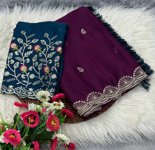 NN-2032 Soft chiffon fabric with sequence work allover saree with beautiful tussels on pallu with contrast heavy embroidary blouse