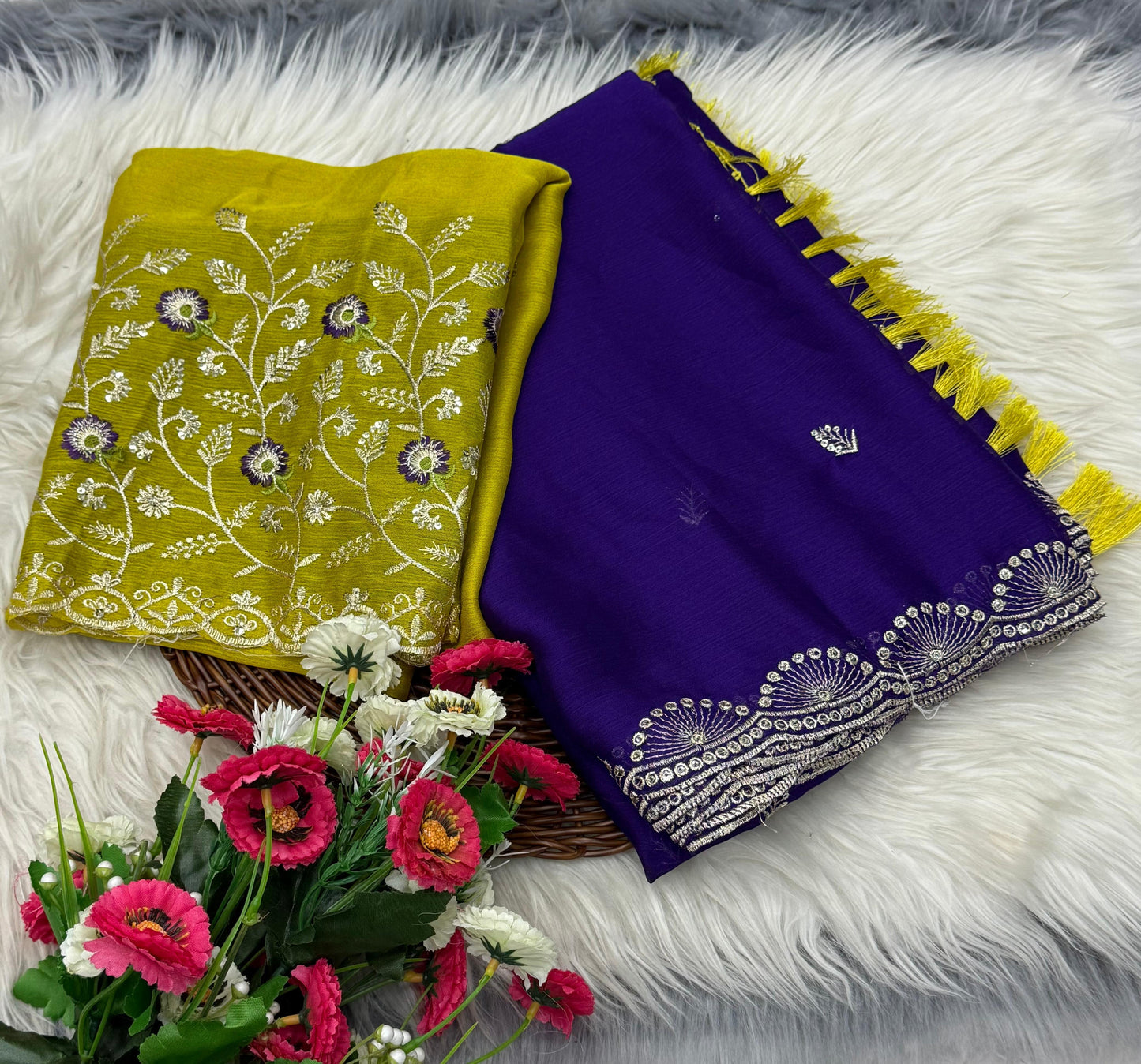 NN-2032 Soft chiffon fabric with sequence work allover saree with beautiful tussels on pallu with contrast heavy embroidary blouse