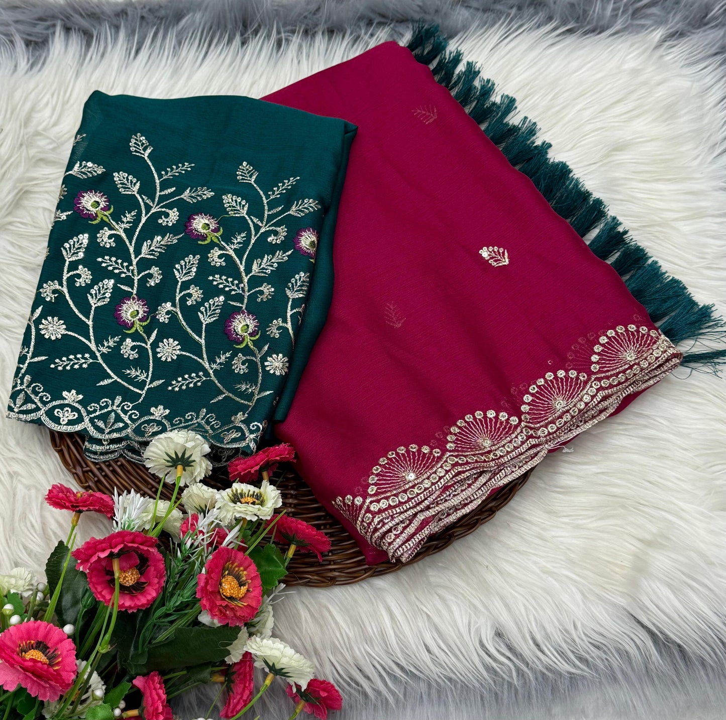 NN-2032 Soft chiffon fabric with sequence work allover saree with beautiful tussels on pallu with contrast heavy embroidary blouse