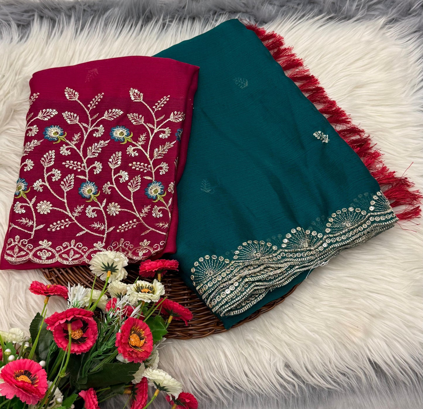 NN-2032 Soft chiffon fabric with sequence work allover saree with beautiful tussels on pallu with contrast heavy embroidary blouse