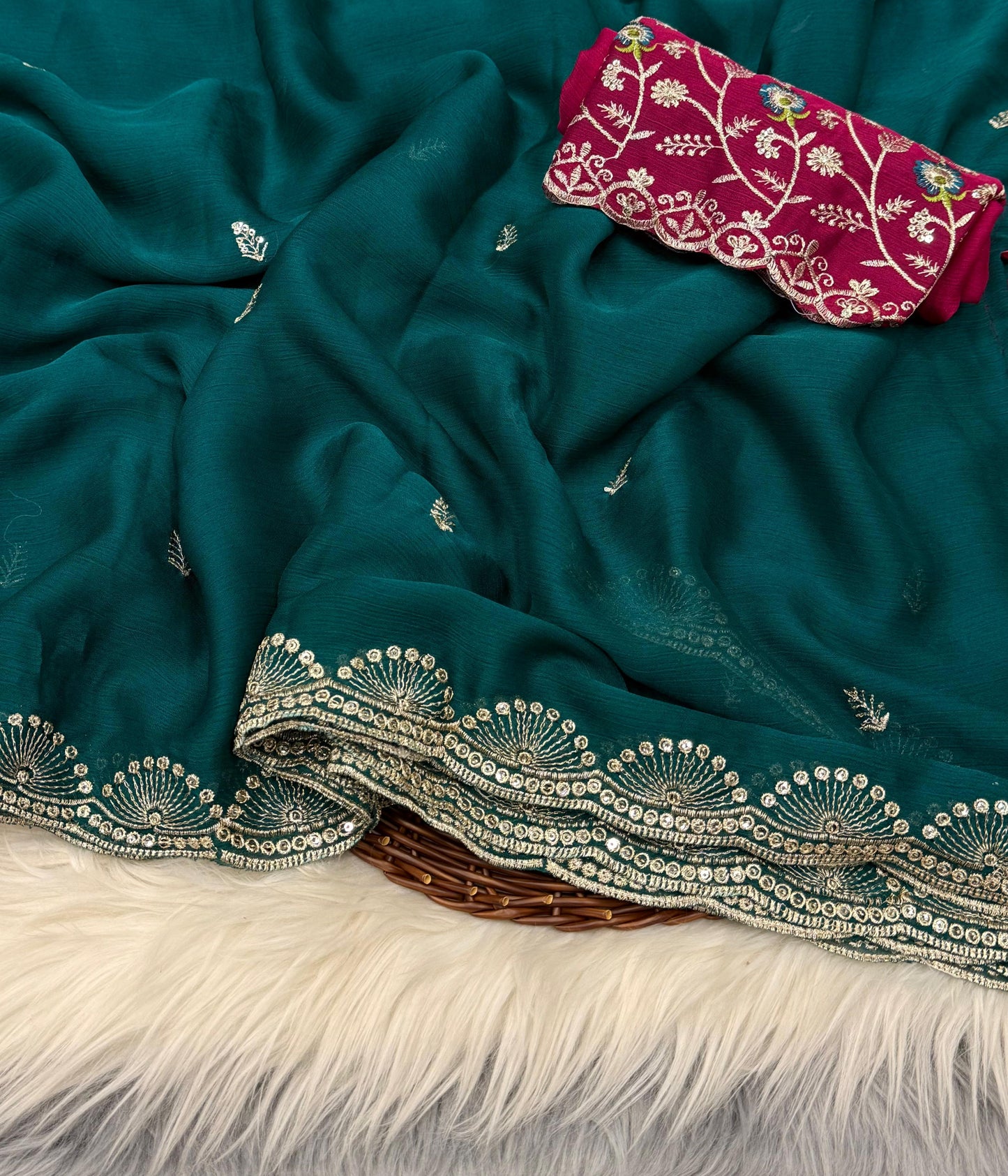 NN-2032 Soft chiffon fabric with sequence work allover saree with beautiful tussels on pallu with contrast heavy embroidary blouse