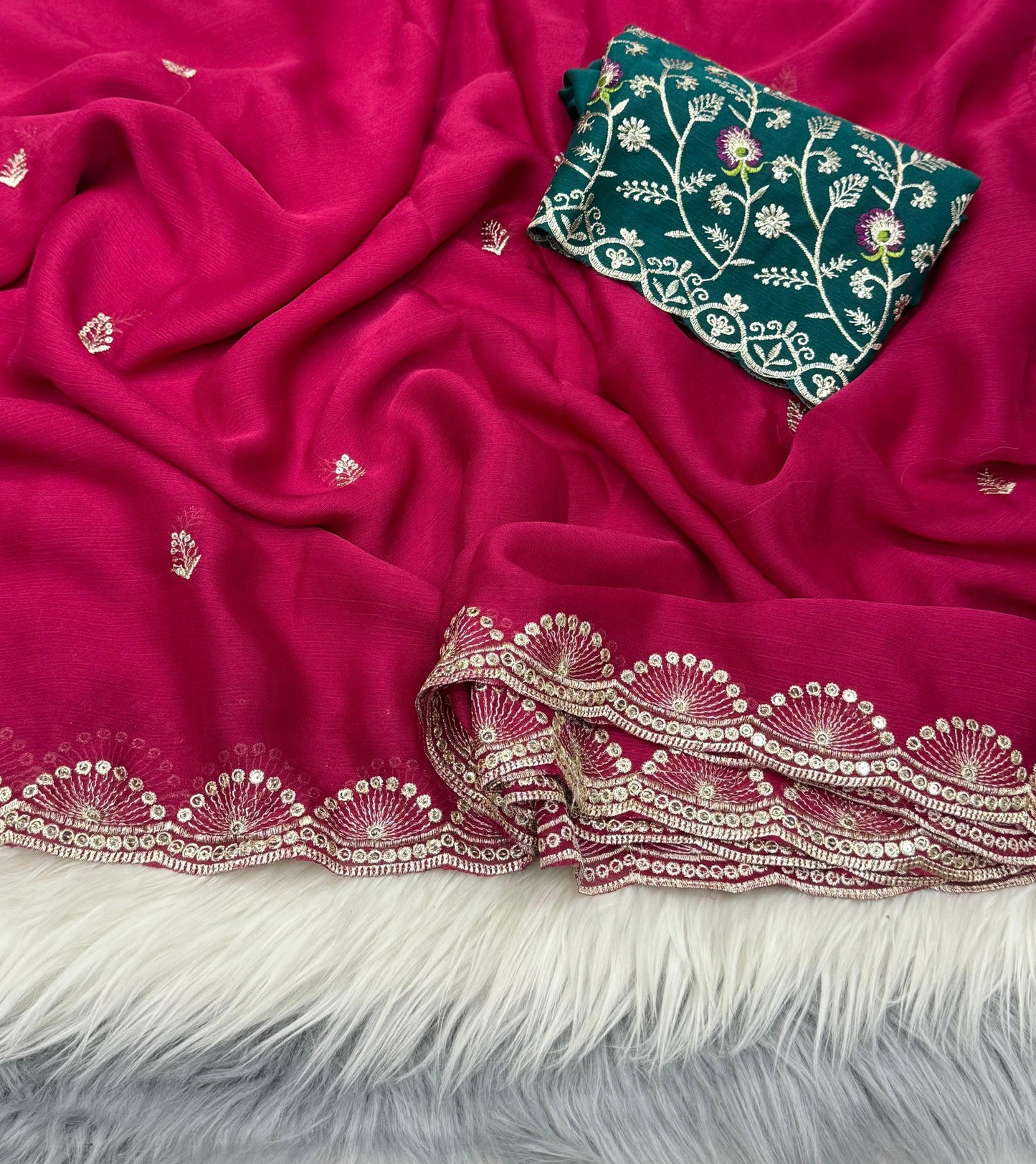 NN-2032 Soft chiffon fabric with sequence work allover saree with beautiful tussels on pallu with contrast heavy embroidary blouse