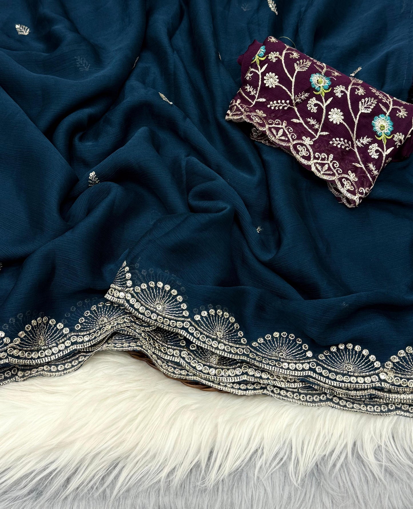 NN-2032 Soft chiffon fabric with sequence work allover saree with beautiful tussels on pallu with contrast heavy embroidary blouse