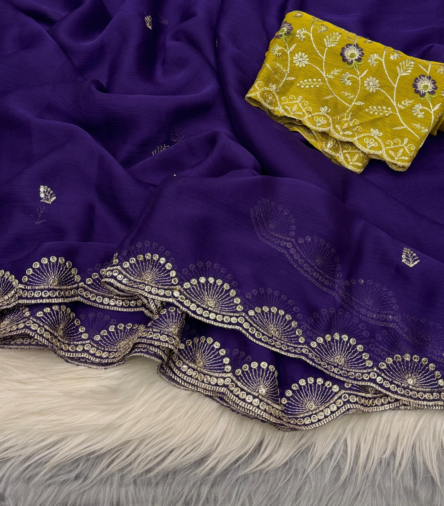NN-2032 Soft chiffon fabric with sequence work allover saree with beautiful tussels on pallu with contrast heavy embroidary blouse