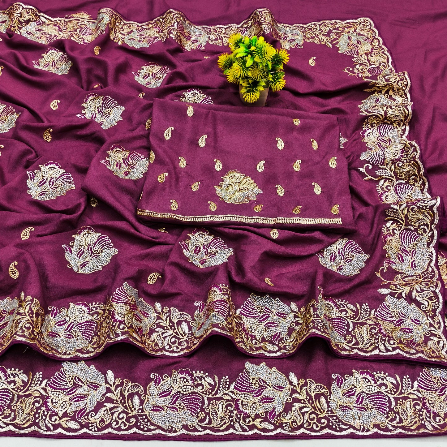 BS-INDRANI PREMIUM CHOCLATE SAREE WITH EMBORIDERY AND THREAD WORK WITH SIROSKI ALL OVER WITH HEAVY BLOUSE
