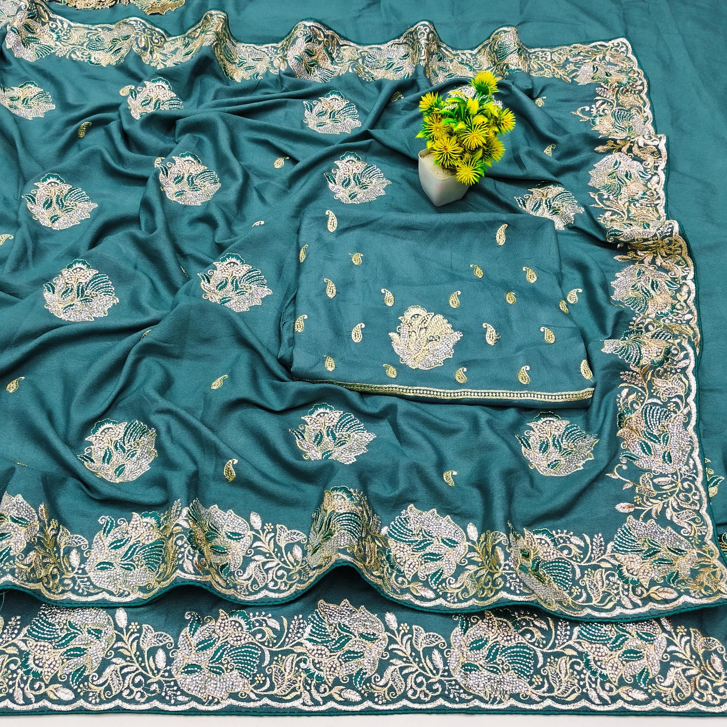 BS-INDRANI PREMIUM CHOCLATE SAREE WITH EMBORIDERY AND THREAD WORK WITH SIROSKI ALL OVER WITH HEAVY BLOUSE
