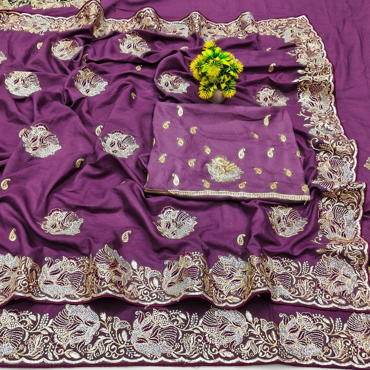 BS-INDRANI PREMIUM CHOCLATE SAREE WITH EMBORIDERY AND THREAD WORK WITH SIROSKI ALL OVER WITH HEAVY BLOUSE