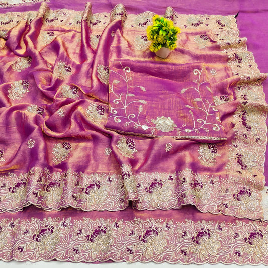 BS-SAVANI FENDI GOLD SAREE EMBORIDERY AND THREAD WORK WITH HEAVY BLOUSE