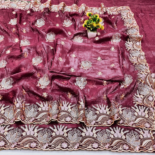BS-AMRUTA CRUNCHY SAREE WITH BEAUTIFUL EMBORIDERY AND THREAD WORK WITH DMC SIROSKI WITH CUTWORK PIPING