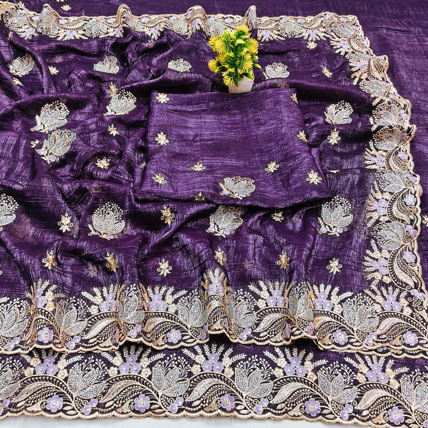 BS-AMRUTA CRUNCHY SAREE WITH BEAUTIFUL EMBORIDERY AND THREAD WORK WITH DMC SIROSKI WITH CUTWORK PIPING