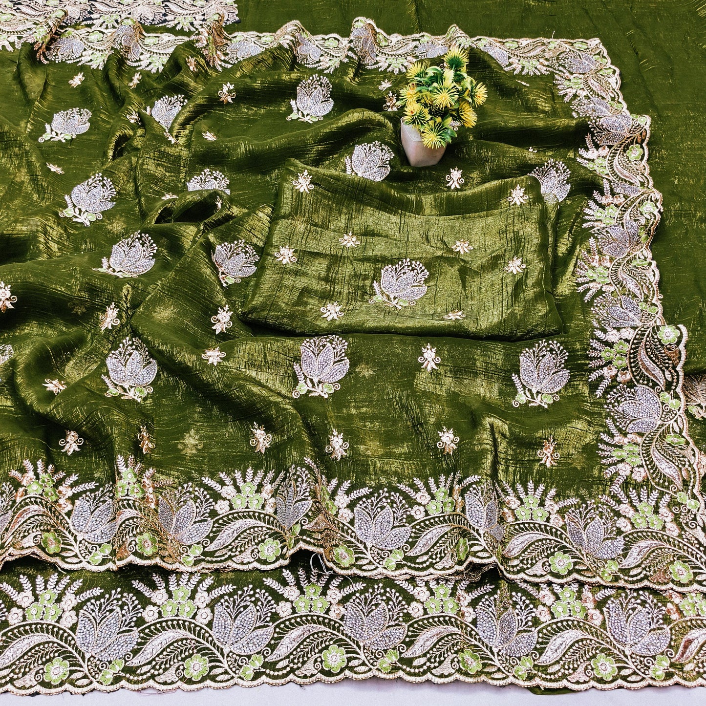 BS-AMRUTA CRUNCHY SAREE WITH BEAUTIFUL EMBORIDERY AND THREAD WORK WITH DMC SIROSKI WITH CUTWORK PIPING