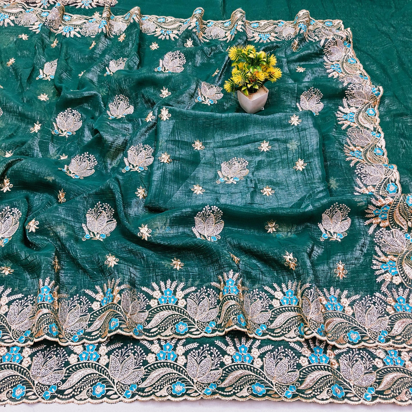 BS-AMRUTA CRUNCHY SAREE WITH BEAUTIFUL EMBORIDERY AND THREAD WORK WITH DMC SIROSKI WITH CUTWORK PIPING