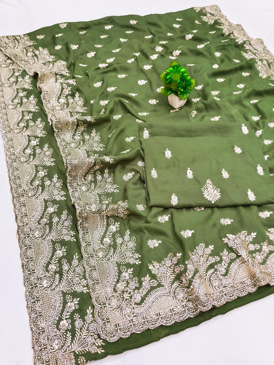 BS-LATIKA PREMIUM CHOCOLATE SAREE WITH BEAUTIFUL EMBORIDERY AND JARKAN WORK ALL OVER