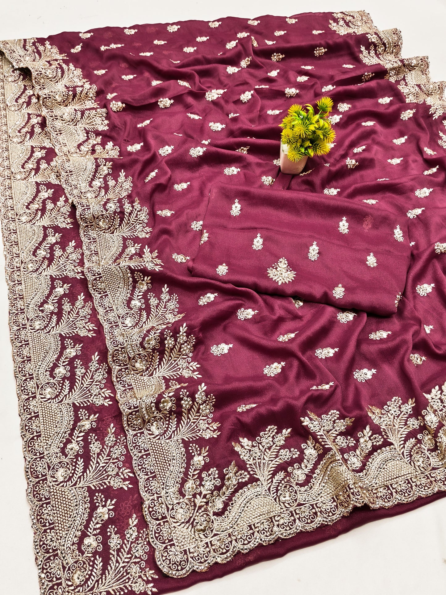 BS-LATIKA PREMIUM CHOCOLATE SAREE WITH BEAUTIFUL EMBORIDERY AND JARKAN WORK ALL OVER