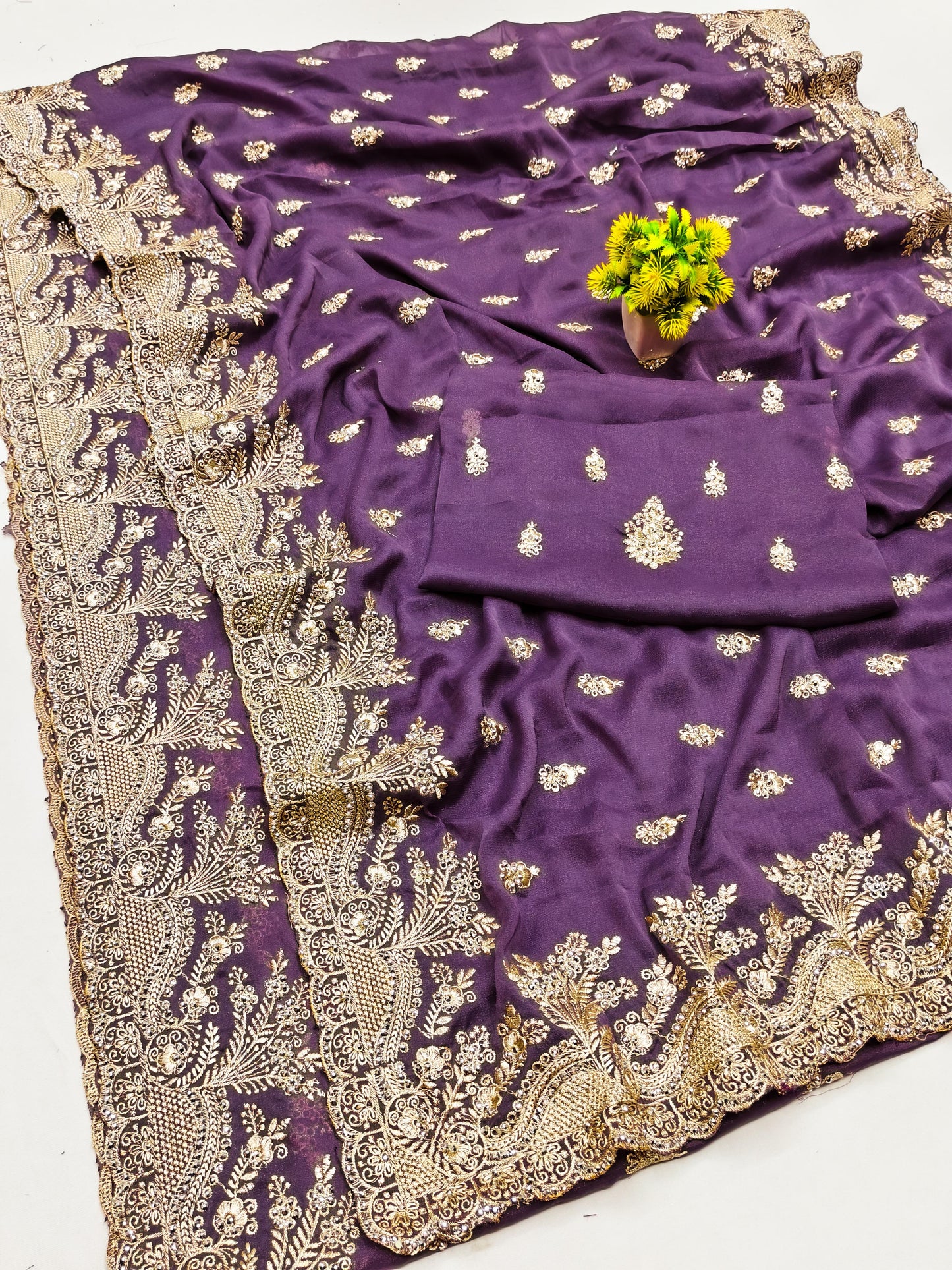 BS-LATIKA PREMIUM CHOCOLATE SAREE WITH BEAUTIFUL EMBORIDERY AND JARKAN WORK ALL OVER