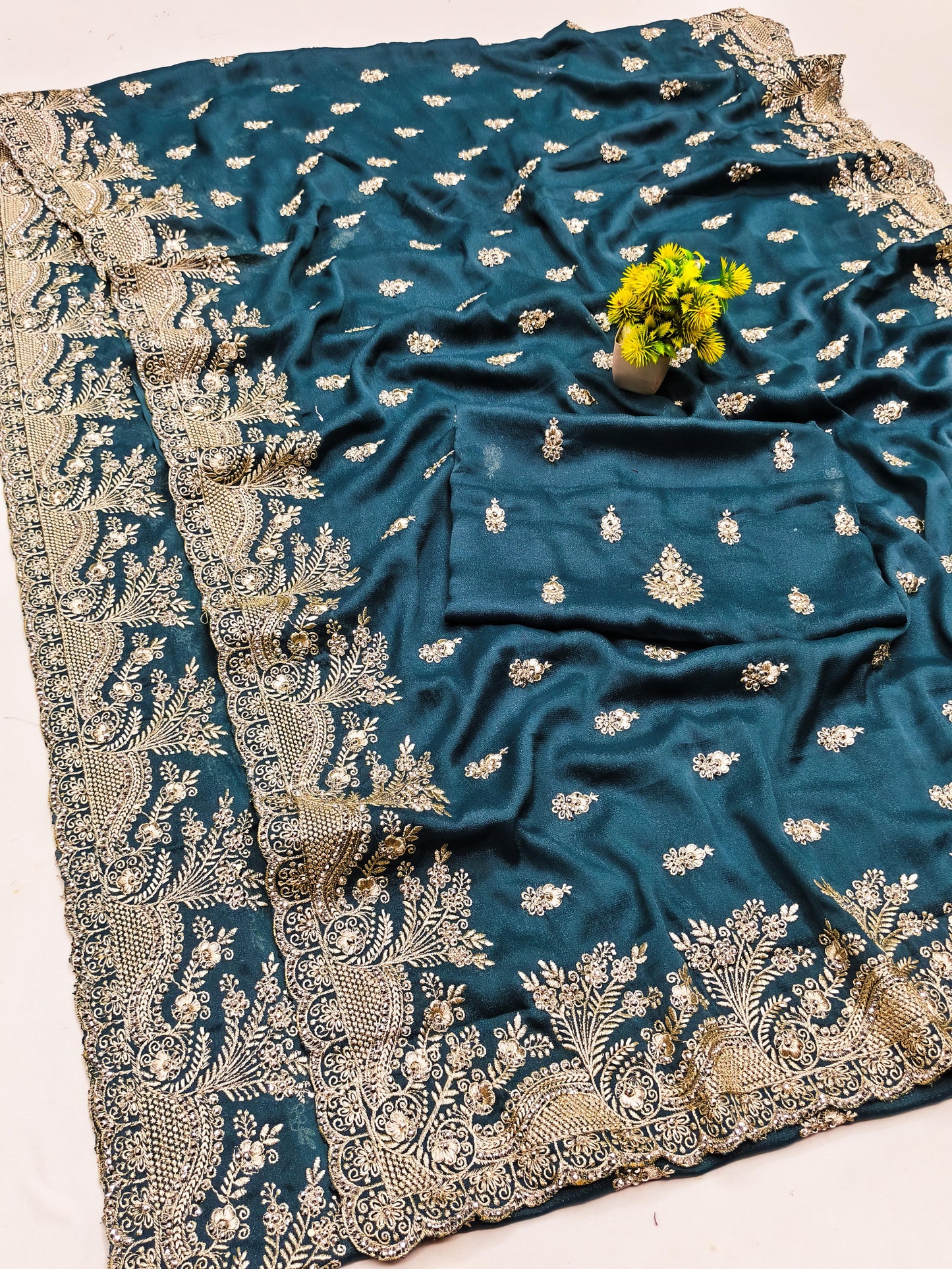 BS-LATIKA PREMIUM CHOCOLATE SAREE WITH BEAUTIFUL EMBORIDERY AND JARKAN WORK ALL OVER