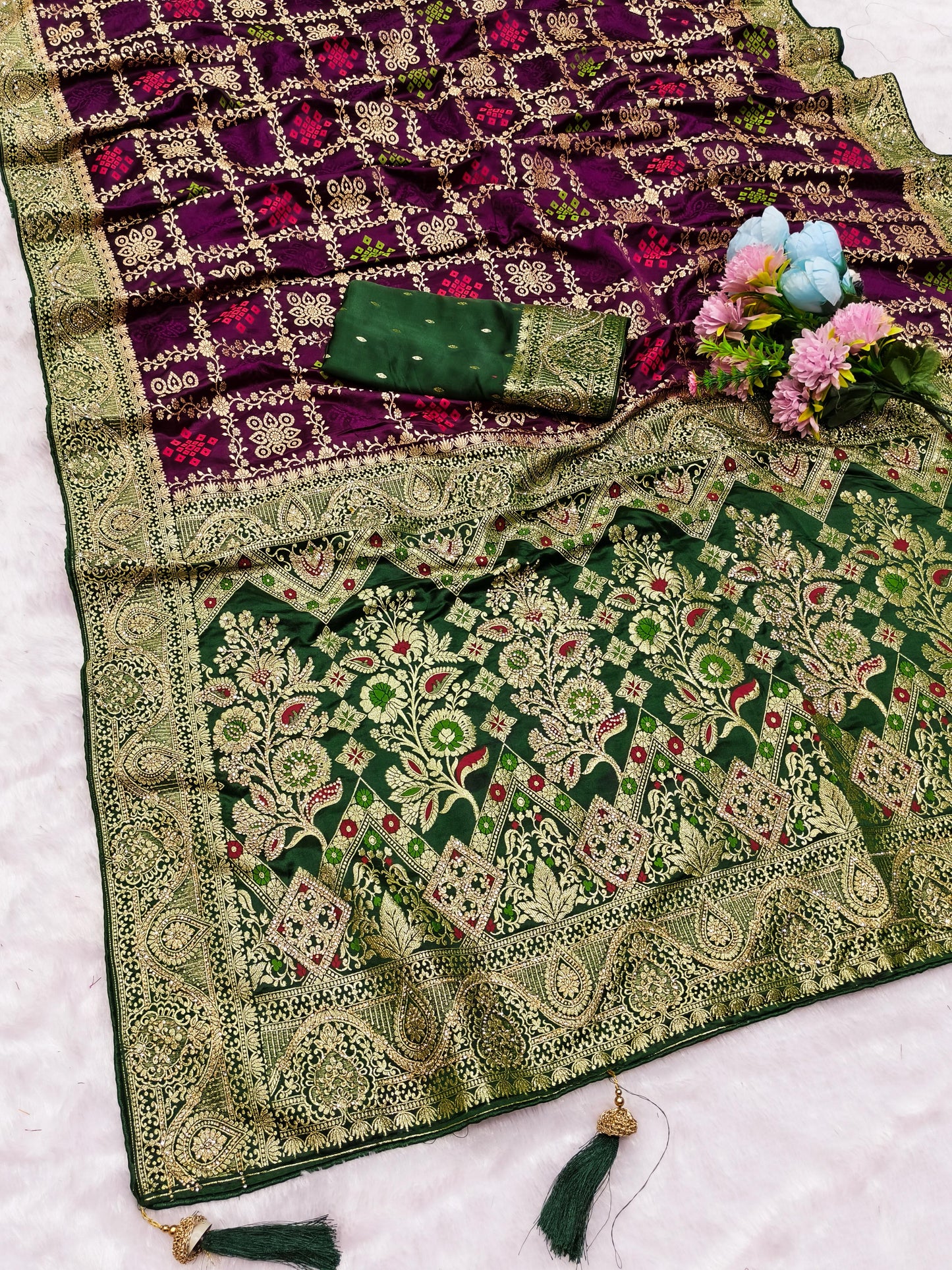 AJ-PURE-FLOWER PURE SATIN DYEBLE SAREE WITH BEAUTIFUL RICH PALLU WITH JARKAN WORK ALL OVER WITH PIPING BORDER AND HEAVY LATKAN