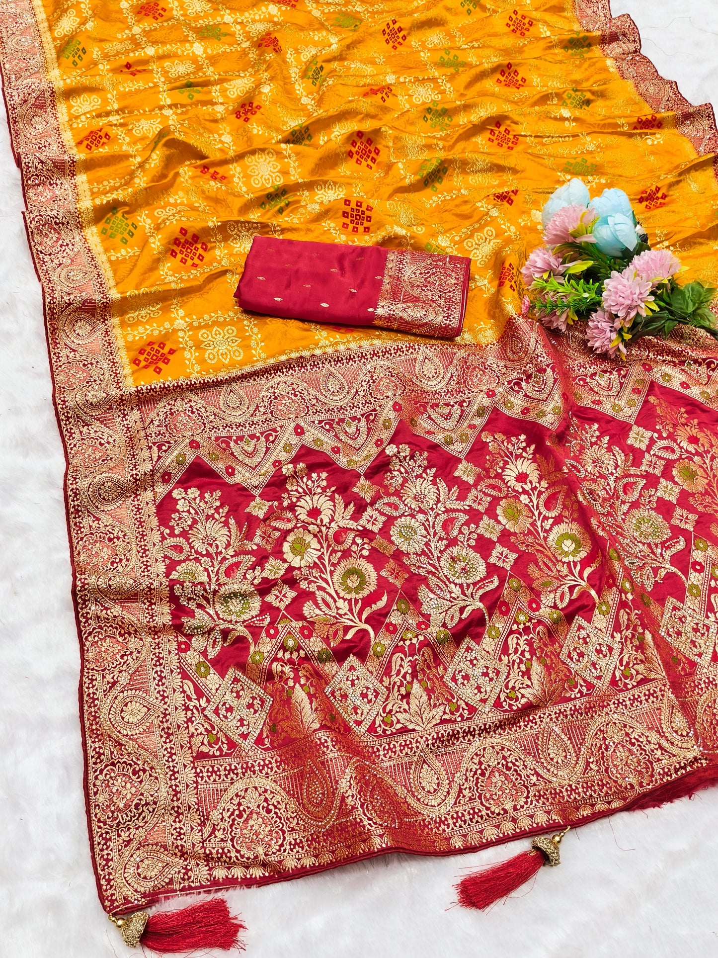 AJ-PURE-FLOWER PURE SATIN DYEBLE SAREE WITH BEAUTIFUL RICH PALLU WITH JARKAN WORK ALL OVER WITH PIPING BORDER AND HEAVY LATKAN