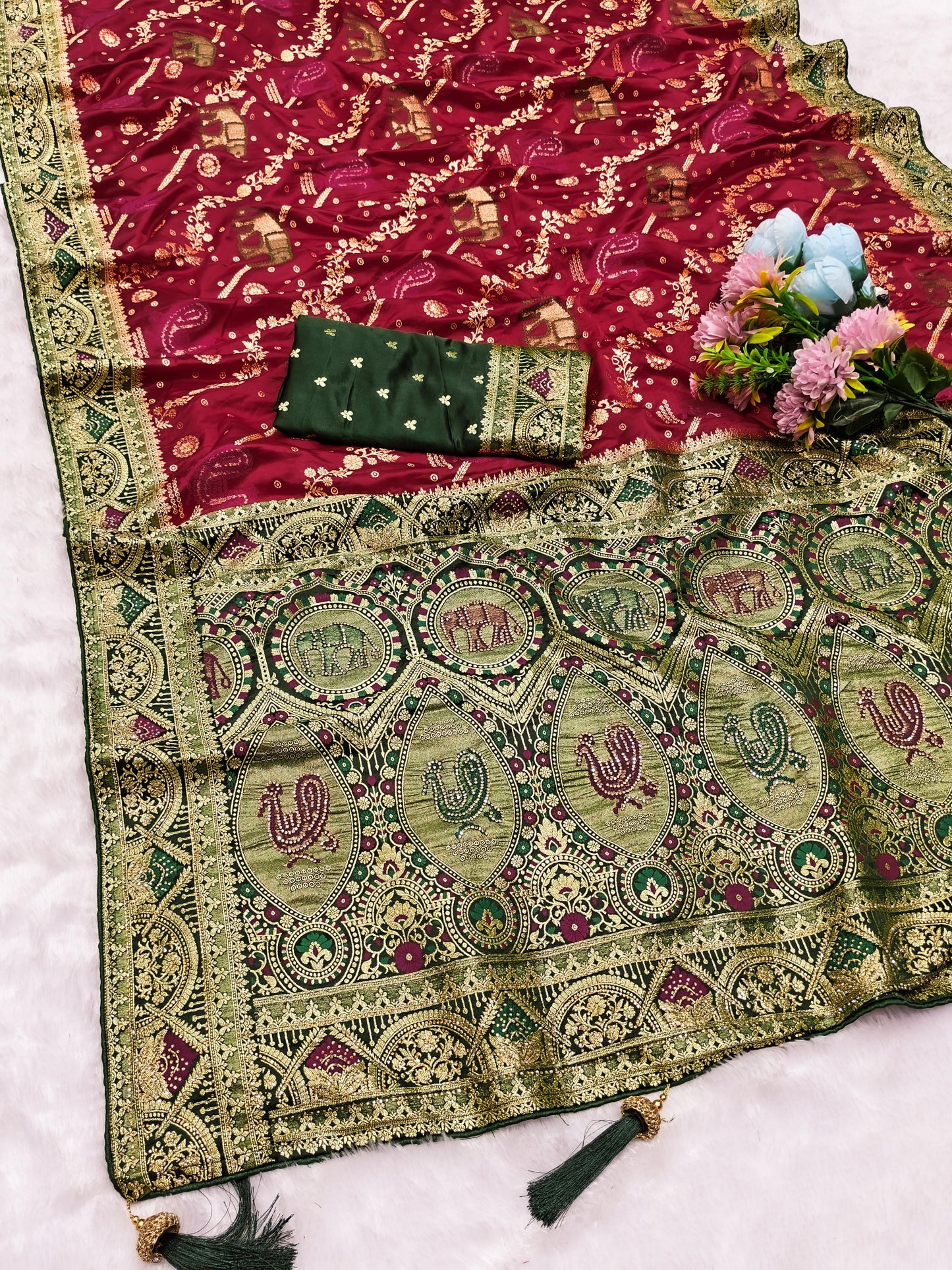 AJ-PURE-PEACOCK PURE SATIN DYEBLE SAREE WITH BEAUTIFUL RICH PALLU WITH JARKAN WORK ALL OVER WITH PIPING BORDER AND HEAVY LATKAN
