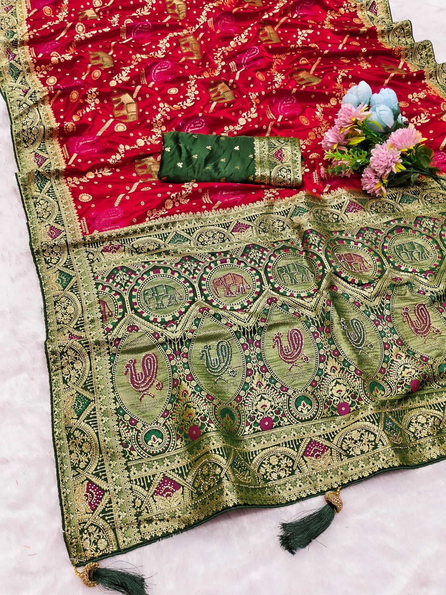 AJ-PURE-PEACOCK PURE SATIN DYEBLE SAREE WITH BEAUTIFUL RICH PALLU WITH JARKAN WORK ALL OVER WITH PIPING BORDER AND HEAVY LATKAN