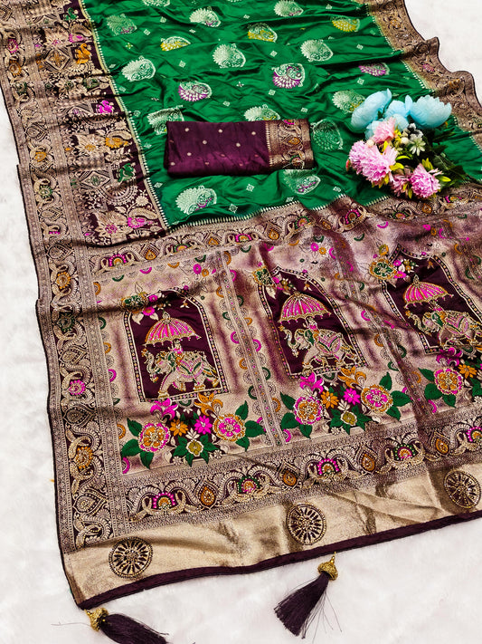AJ-PURE-GAJRAJ PURE SATIN DYEBLE SAREE WITH BEAUTIFUL RICH PALLU WITH JARKAN WORK ALL OVER WITH PIPING BORDER AND HEAVY LATKAN