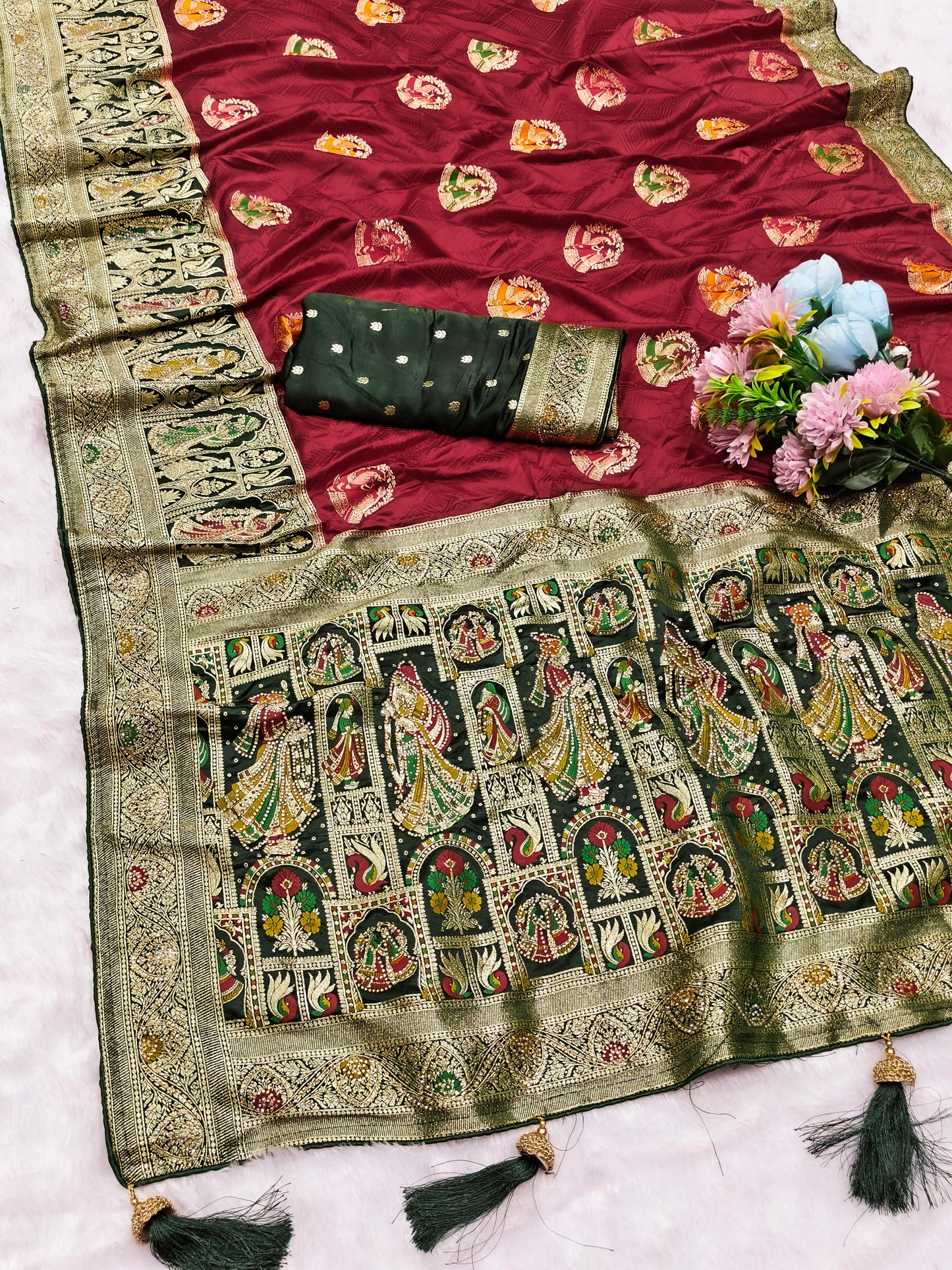 AJ-PURE-GAJRAJ PURE SATIN DYEBLE SAREE WITH BEAUTIFUL RICH PALLU WITH JARKAN WORK ALL OVER WITH PIPING BORDER AND HEAVY LATKAN