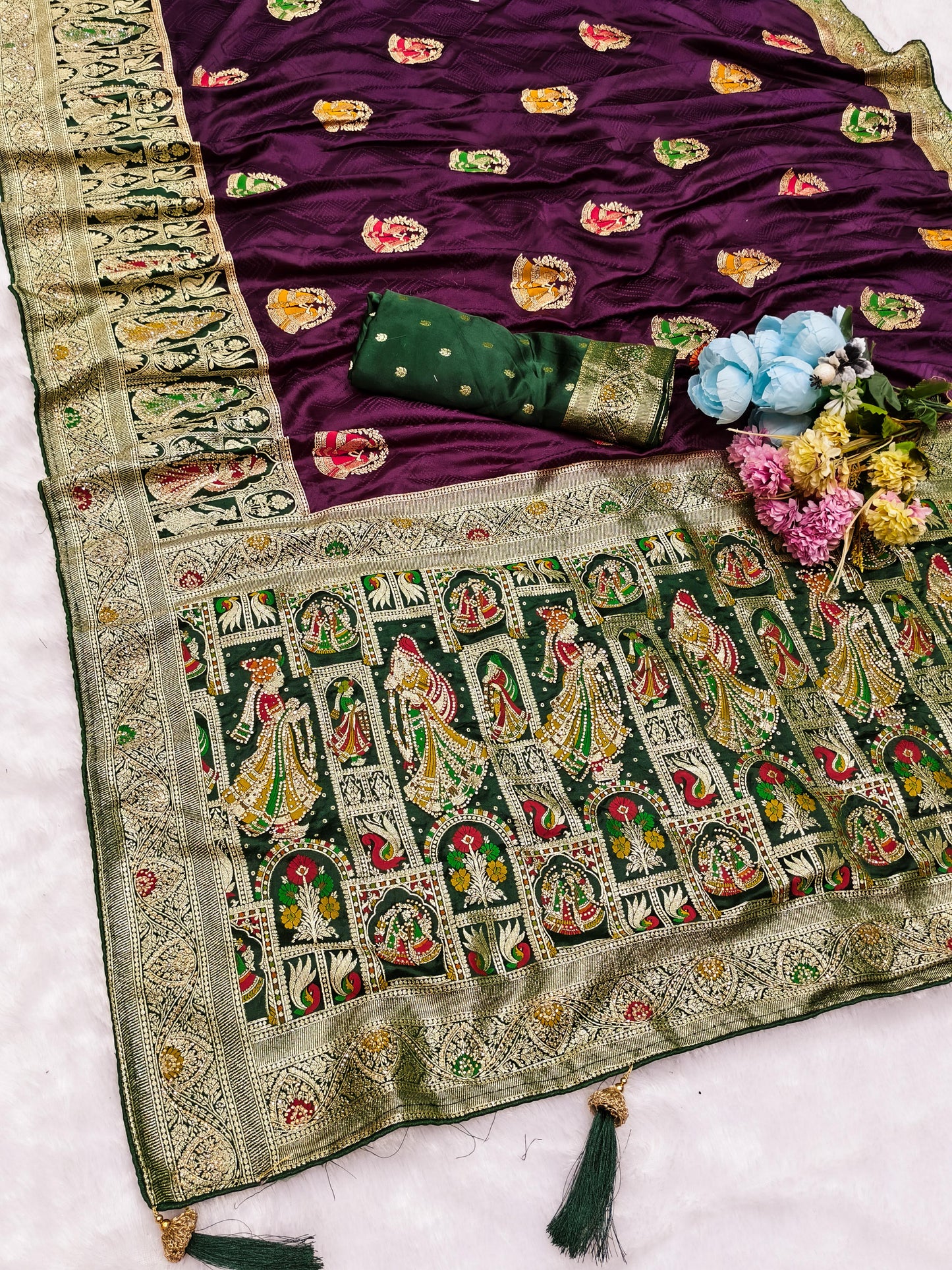 AJ-PURE-GAJRAJ PURE SATIN DYEBLE SAREE WITH BEAUTIFUL RICH PALLU WITH JARKAN WORK ALL OVER WITH PIPING BORDER AND HEAVY LATKAN