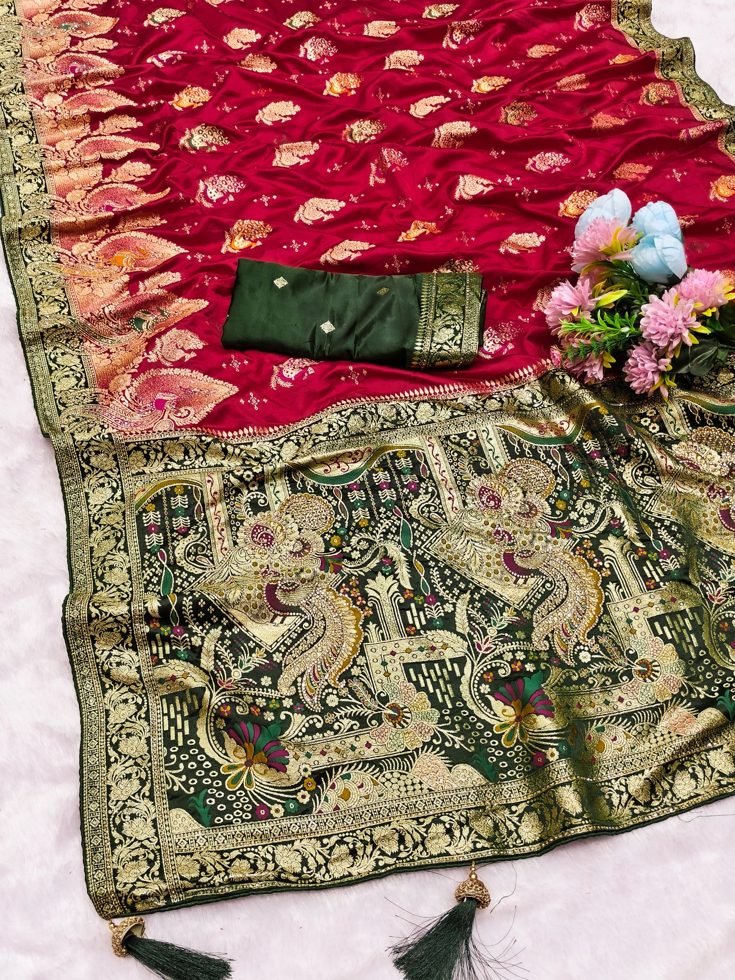 AJ-PURE-ARADHNA PURE SATIN DYEBLE SAREE WITH BEAUTIFUL RICH PALLU WITH JARKAN WORK ALL OVER WITH PIPING BORDER AND HEAVY LATKAN