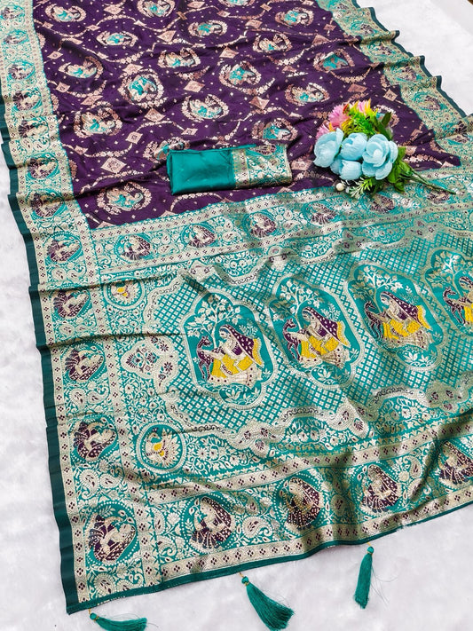 AJ-KANIYA SOFT SILK SAREE WITH GRAND PALLU WITH DMC SIROSKI WORK ALL OVER WITH TASSELS