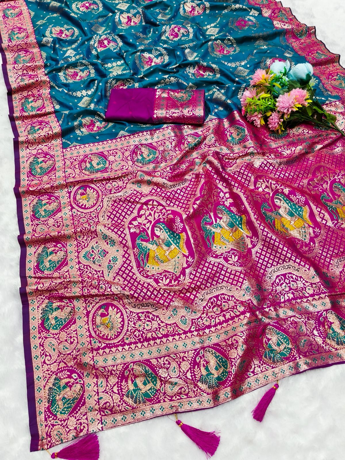 AJ-KANIYA SOFT SILK SAREE WITH GRAND PALLU WITH DMC SIROSKI WORK ALL OVER WITH TASSELS