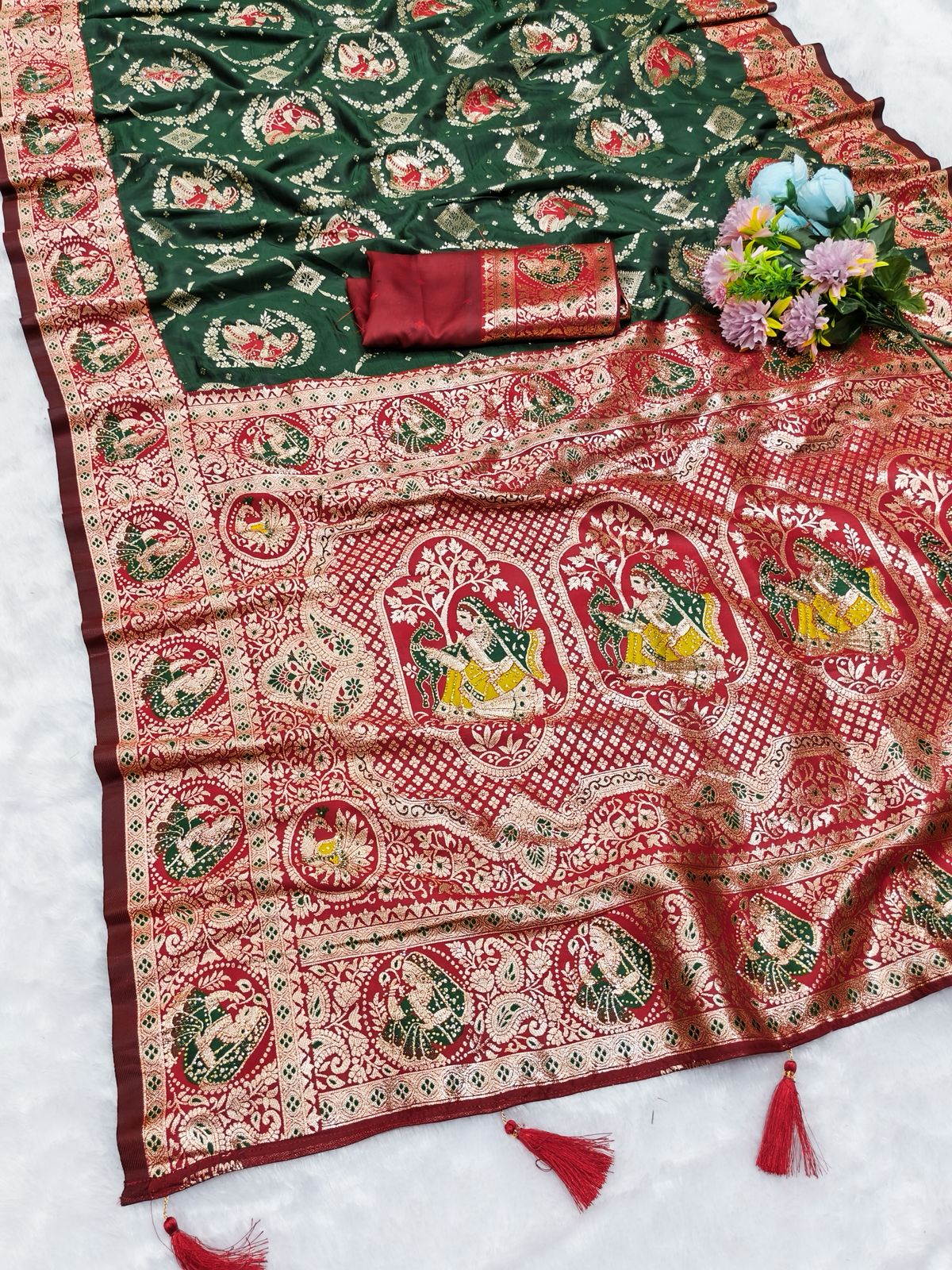 AJ-KANIYA SOFT SILK SAREE WITH GRAND PALLU WITH DMC SIROSKI WORK ALL OVER WITH TASSELS