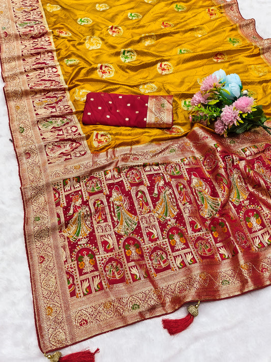 AJ-PURE-BHARAT PURE SATIN SAREE WITH CONTRAST BORDER AND PALLU WITH HEAVY LATKAN AND PIPING BORDER WITH JARKAN ALL OVER
