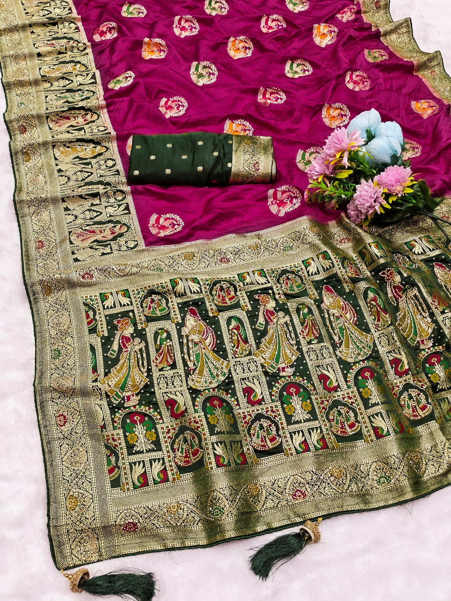 AJ-PURE-BHARAT PURE SATIN SAREE WITH CONTRAST BORDER AND PALLU WITH HEAVY LATKAN AND PIPING BORDER WITH JARKAN ALL OVER