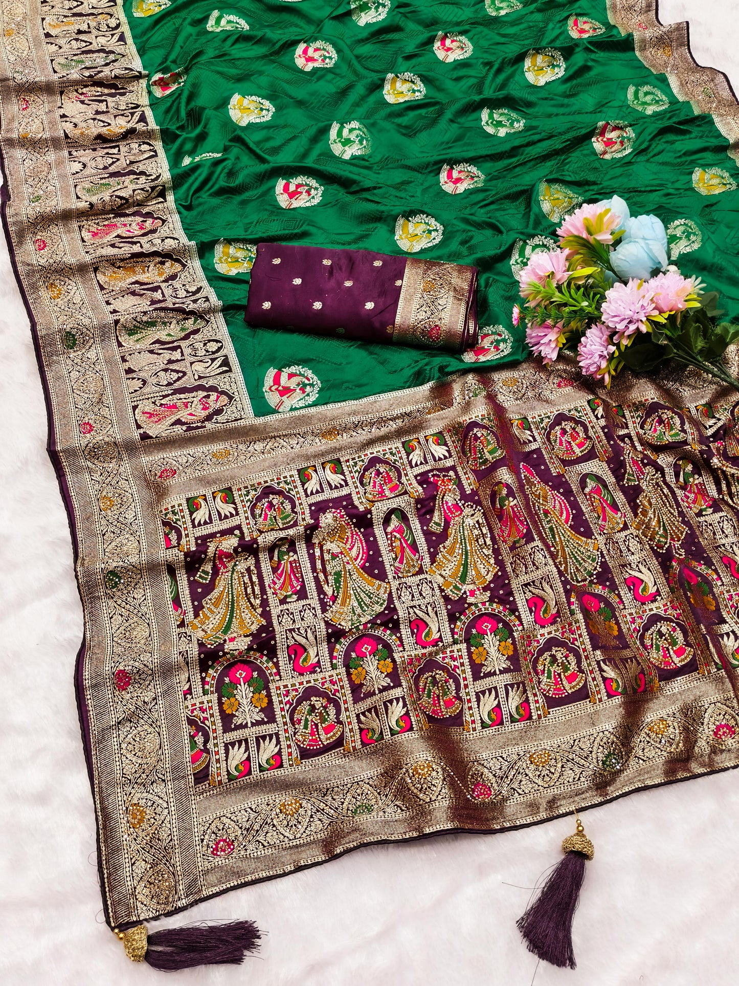 AJ-PURE-BHARAT PURE SATIN SAREE WITH CONTRAST BORDER AND PALLU WITH HEAVY LATKAN AND PIPING BORDER WITH JARKAN ALL OVER