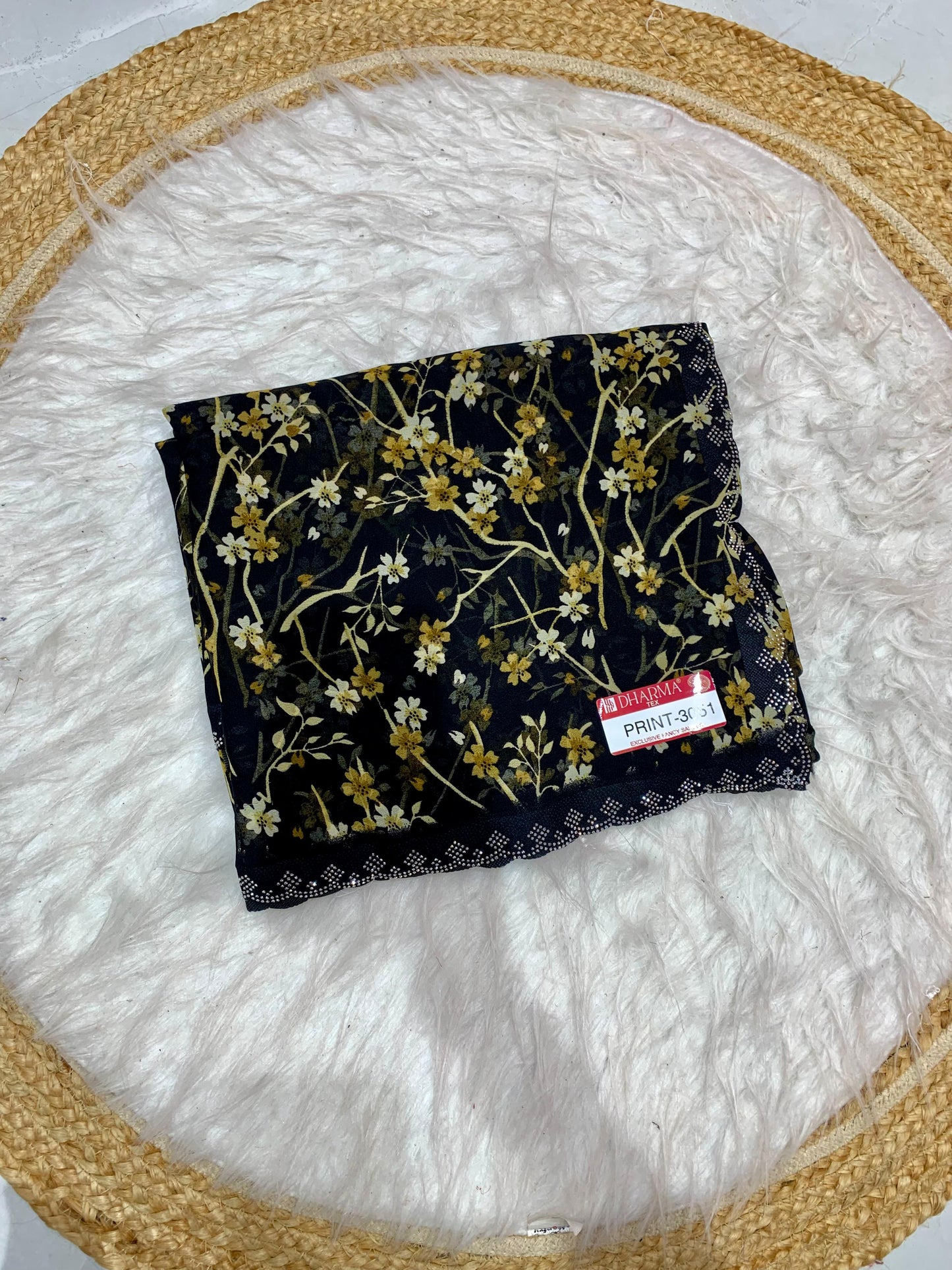 PRINT-3051 PREMIUM LBS FABRIC SAREE WITH BEAUTIFUL JHAL DESIGN PRINT WITH BLACK COMMON DESIGN WITH HEAVY SIROSKI BORDER WITH 6.30 MTR CUT