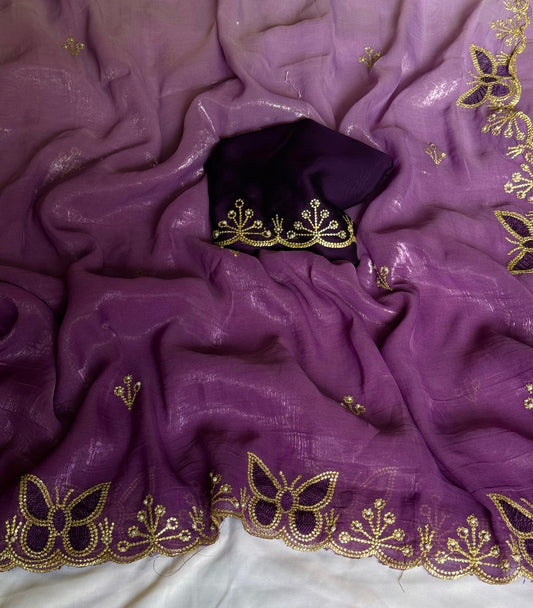 NN-2034 Gold crush pedding fabric with c-pallu work & moti work scalloped cut work border with contrast embroidary moti work blouse