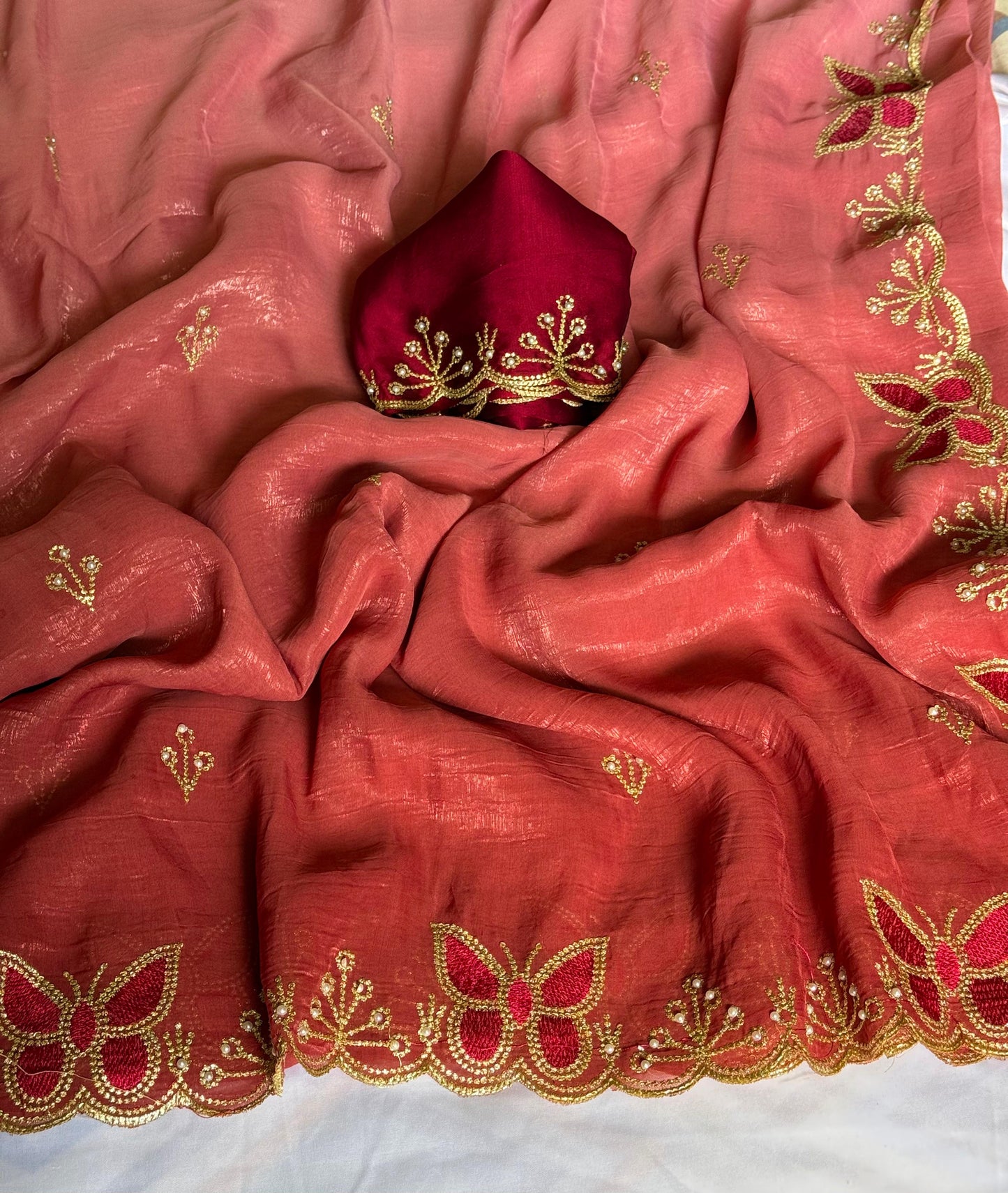 NN-2034 Gold crush pedding fabric with c-pallu work & moti work scalloped cut work border with contrast embroidary moti work blouse