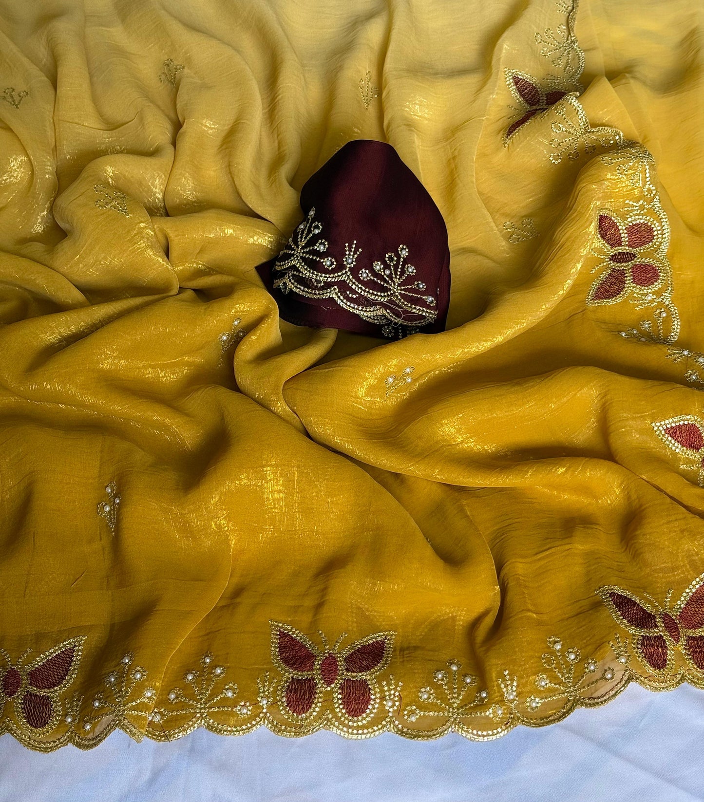 NN-2034 Gold crush pedding fabric with c-pallu work & moti work scalloped cut work border with contrast embroidary moti work blouse