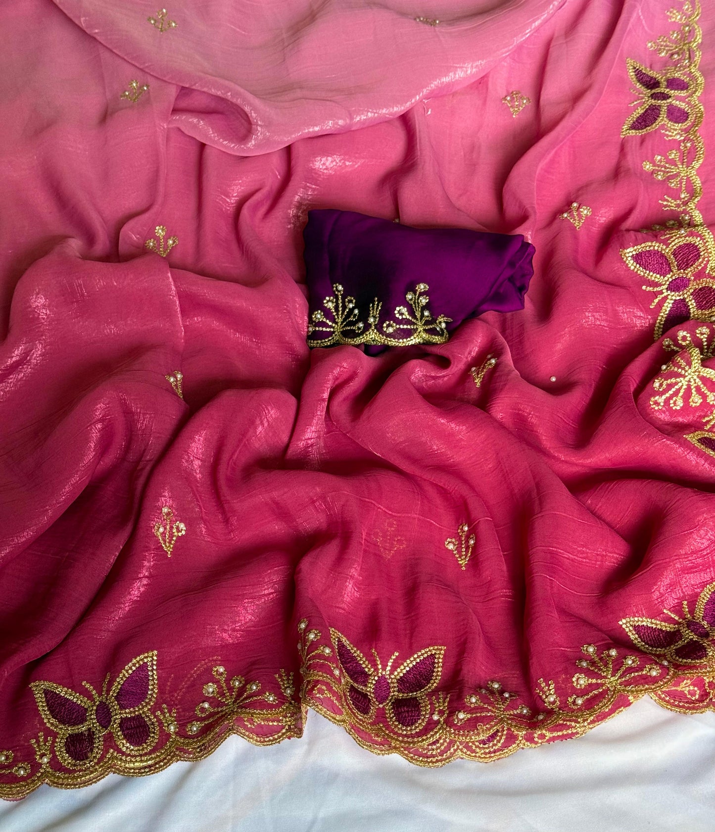 NN-2034 Gold crush pedding fabric with c-pallu work & moti work scalloped cut work border with contrast embroidary moti work blouse