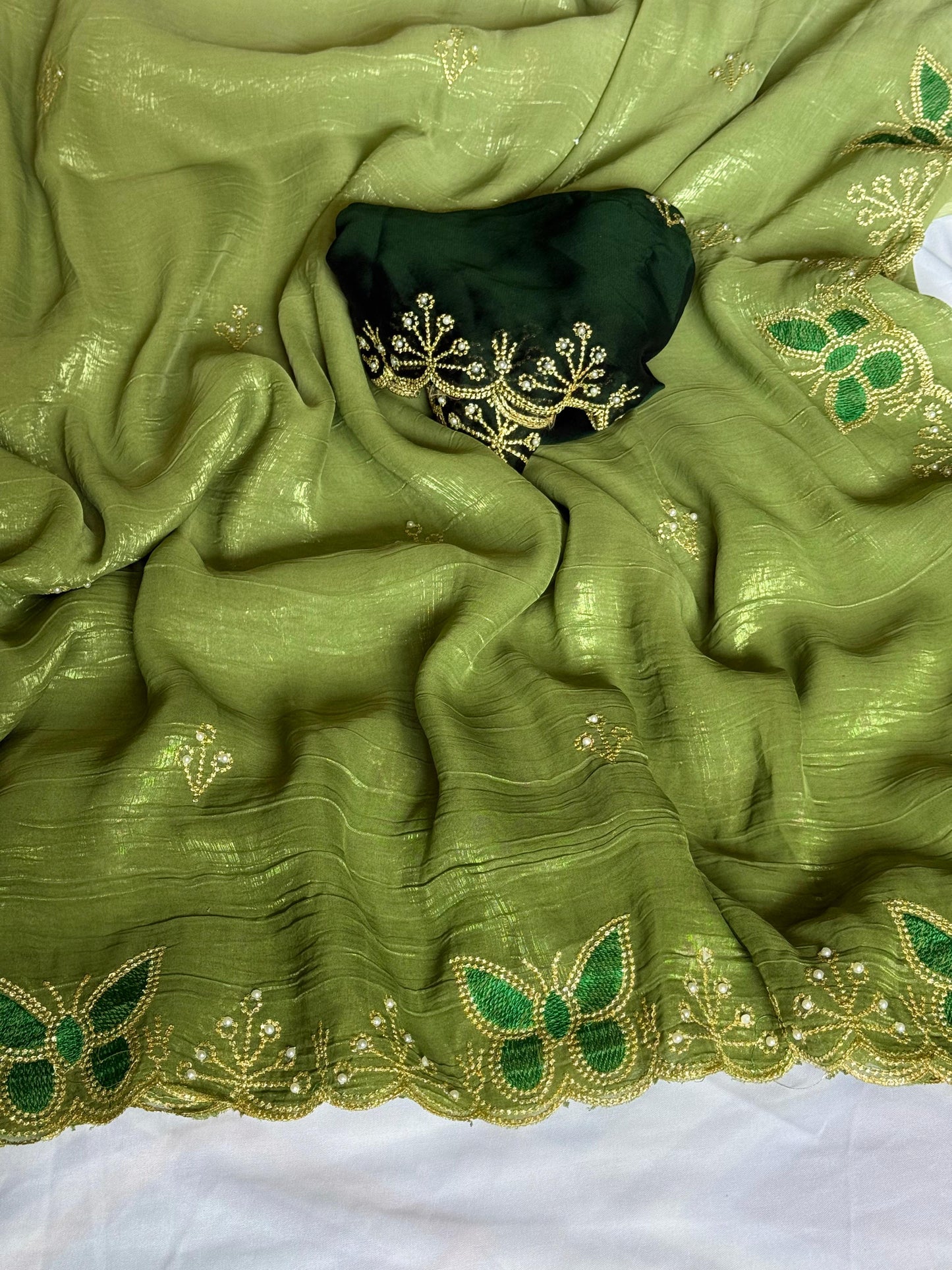 NN-2034 Gold crush pedding fabric with c-pallu work & moti work scalloped cut work border with contrast embroidary moti work blouse