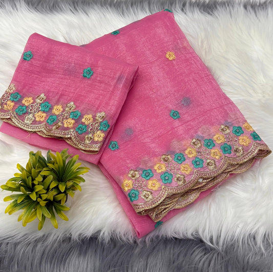 NN-2036 Crunchy chiffon fabric with multi thread embroidary c- pallu work with tone to tone work blouse