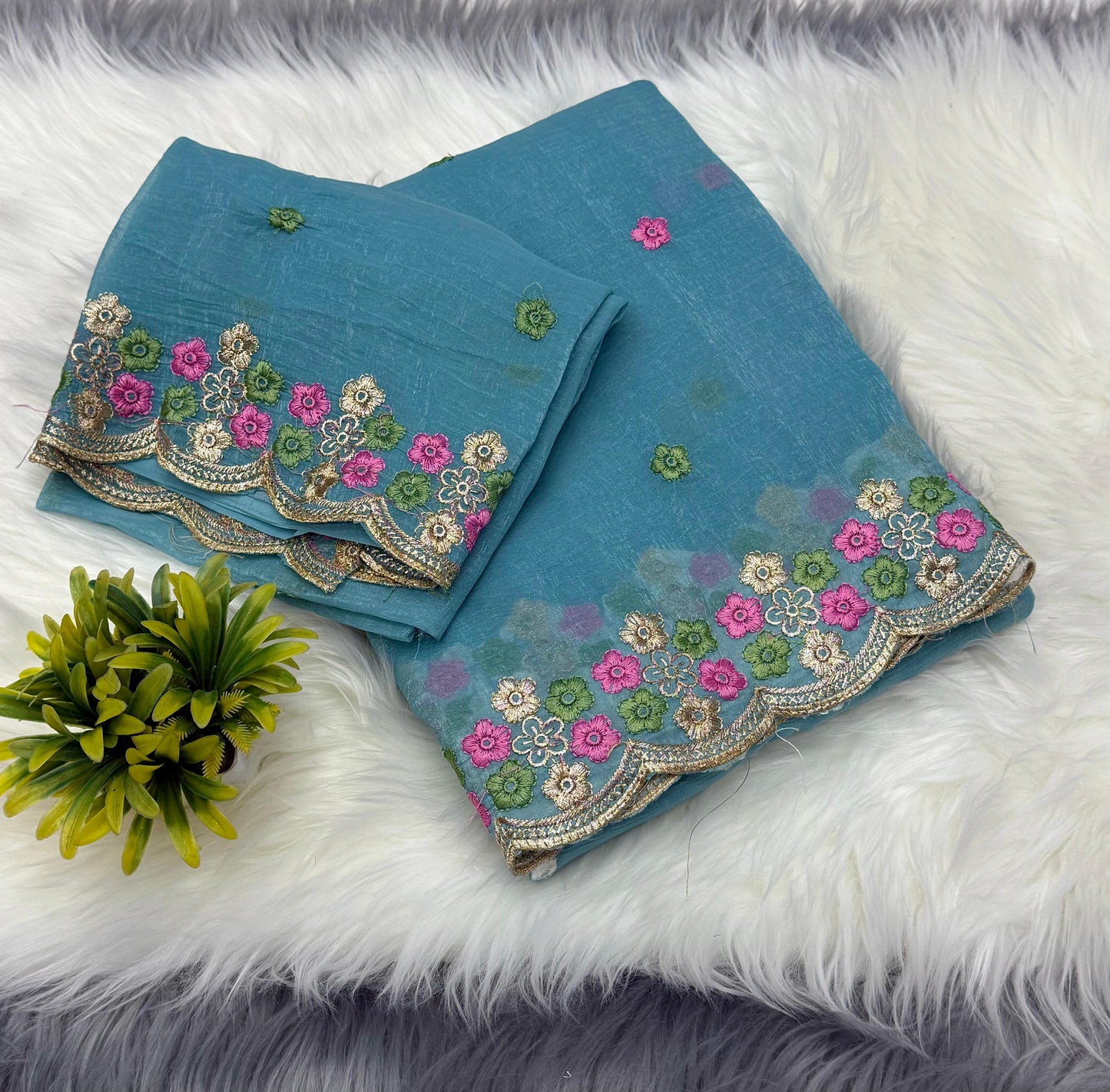 NN-2036 Crunchy chiffon fabric with multi thread embroidary c- pallu work with tone to tone work blouse