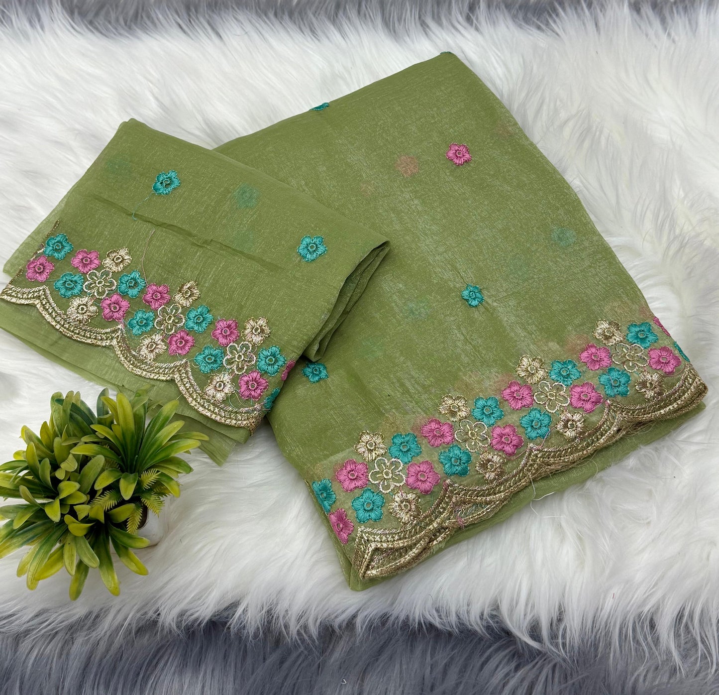 NN-2036 Crunchy chiffon fabric with multi thread embroidary c- pallu work with tone to tone work blouse