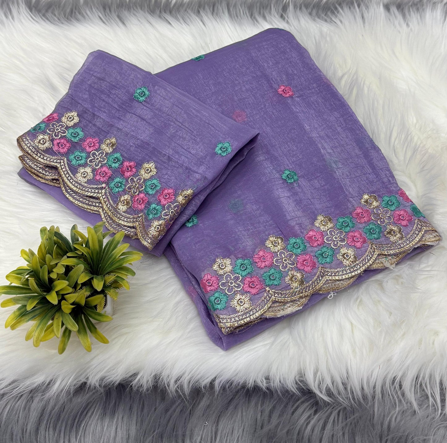 NN-2036 Crunchy chiffon fabric with multi thread embroidary c- pallu work with tone to tone work blouse