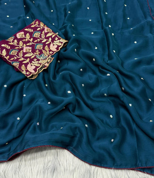 NN-2035 Suru chiffon Fabric with heavy emboridery work allover saree with piping border with tassels