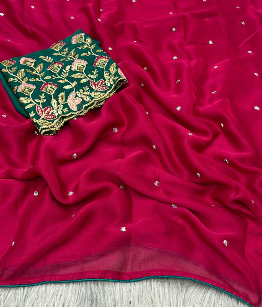 NN-2035 Suru chiffon Fabric with heavy emboridery work allover saree with piping border with tassels