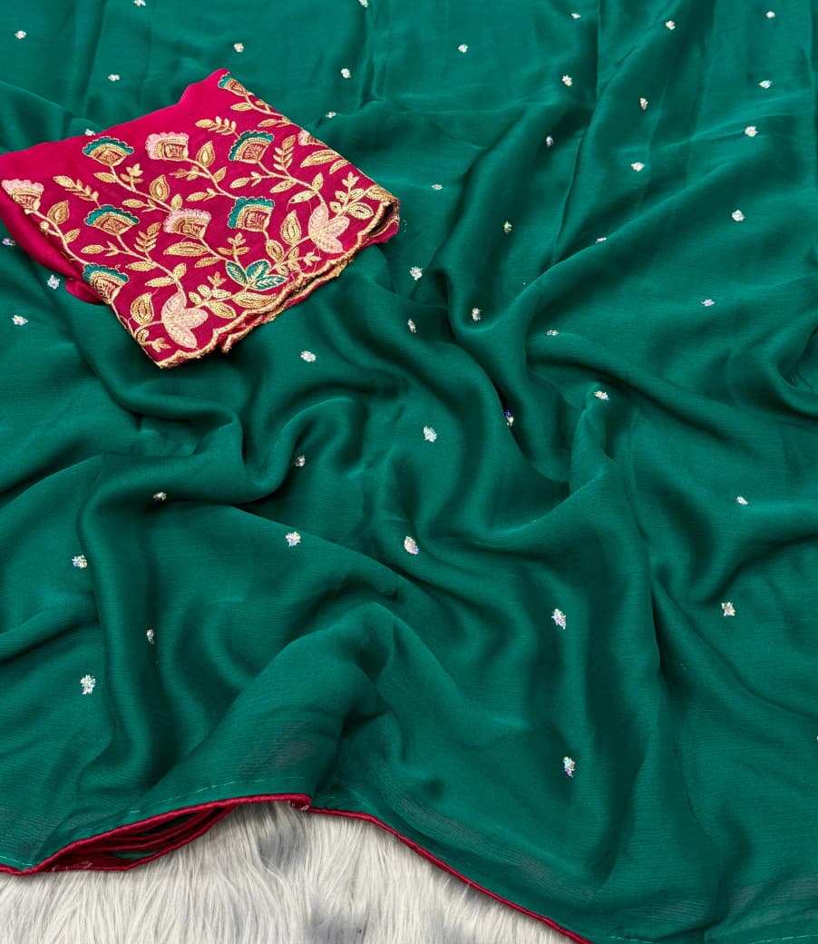 NN-2035 Suru chiffon Fabric with heavy emboridery work allover saree with piping border with tassels