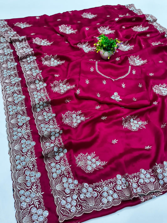 BS-SUJATA SATIN SAREE WITH BEAUTIFUL JARKAN ALL OVER WITH WORK BLOUSE