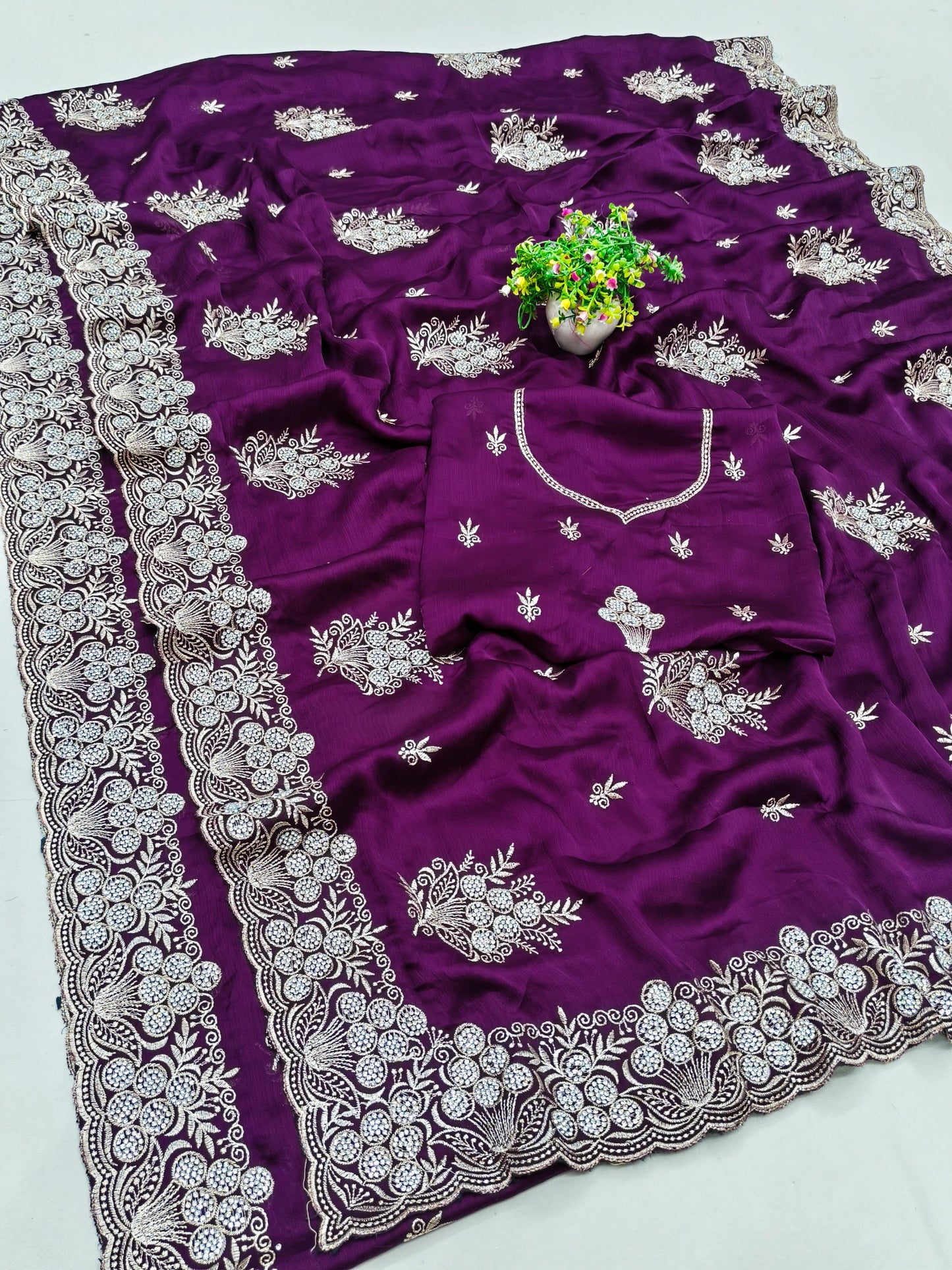 BS-SUJATA SATIN SAREE WITH BEAUTIFUL JARKAN ALL OVER WITH WORK BLOUSE
