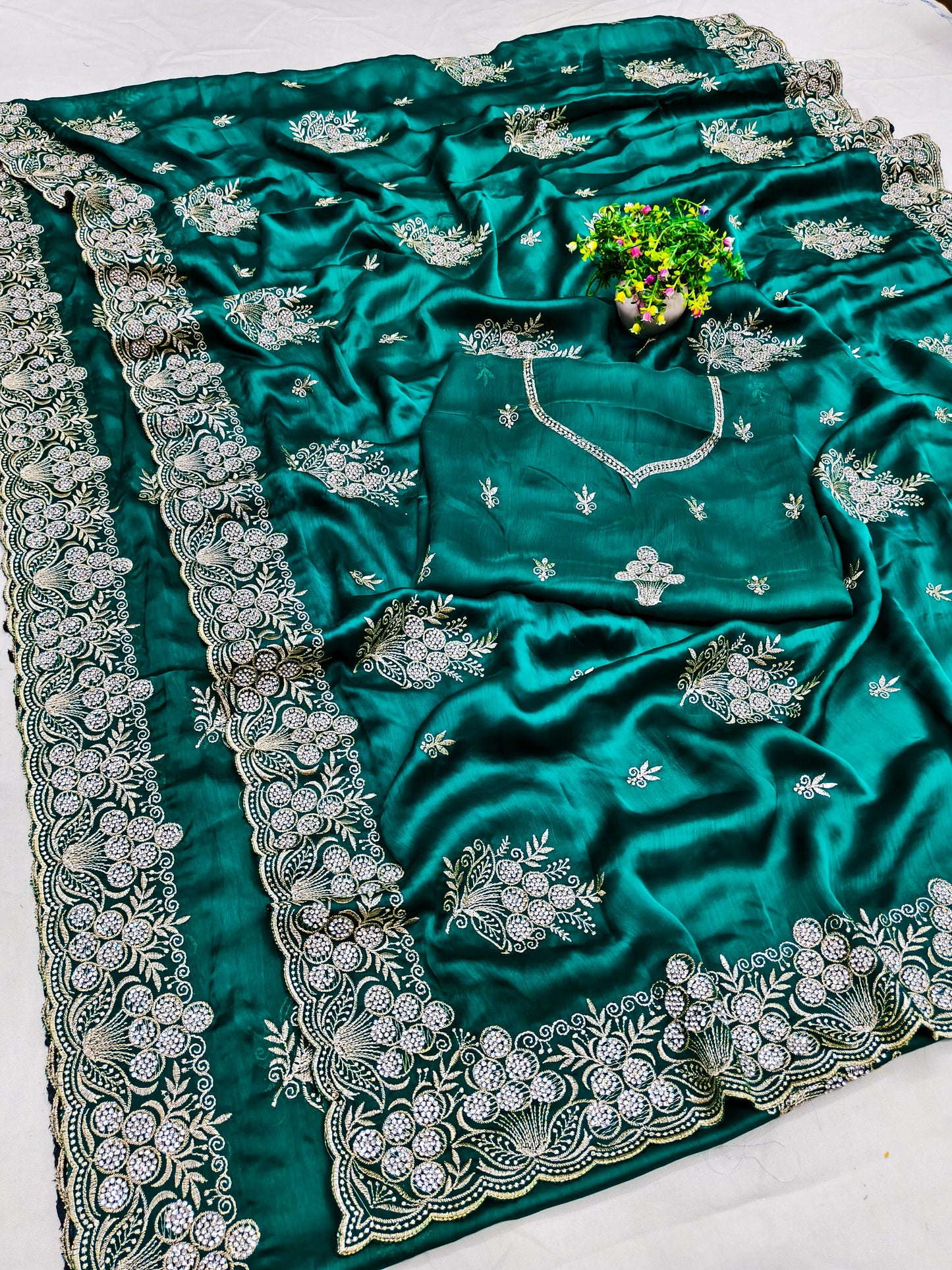 BS-SUJATA SATIN SAREE WITH BEAUTIFUL JARKAN ALL OVER WITH WORK BLOUSE